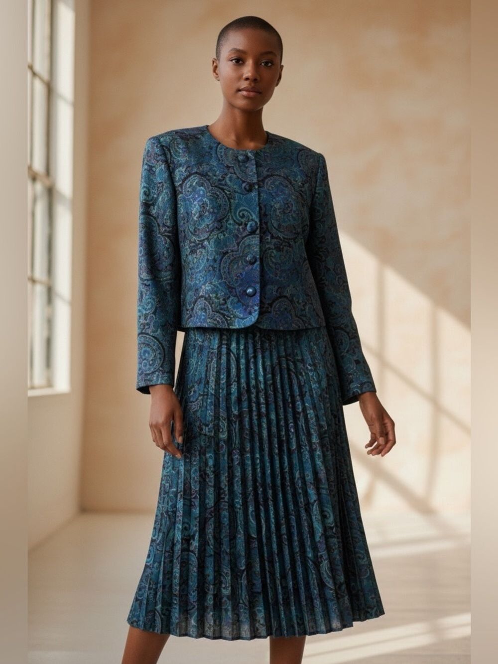80s FLORAL PAISLEY MIDI SKIRT SET JACKET & PLEATED SKIRT POWER SUIT DAVID BROOKS